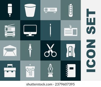 Set Spiral notebook, Pencil sharpener, Identification badge, Movie, film, media projector, Computer monitor screen, Printer, Marker and with eraser icon. Vector