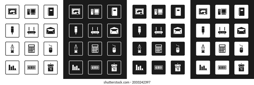 Set Spiral notebook, Router and wi-fi signal, Marker pen, Certificate template, Envelope, Computer monitor, mouse and Fountain nib icon. Vector