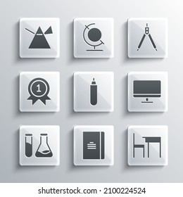 Set Spiral notebook, School table and chair, Computer monitor screen, Marker pen, Test tube flask, Medal, Light rays in prism and Drawing compass icon. Vector