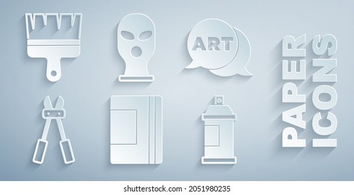 Establece el bloc de notas en espiral, la burbuja de voz con el arte de texto, el cortador de pernos, la lata de spray de pintura, el icono de Balaclava y el pincel. Vector