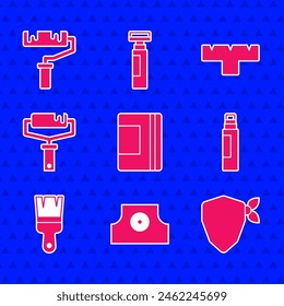 Set Spiral notebook, Spray can nozzle cap, Vandal, Marker pen, Paint brush, roller, attachment and  icon. Vector