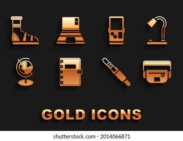 Set Spiral notebook, Table lamp, Waist bag of banana, Audio jack, Earth globe, Tetris, Slippers with socks and Laptop icon. Vector