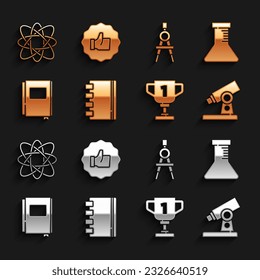 Set Spiral notebook, Test tube and flask, Microscope, Award cup, Book, Drawing compass, Atom and Hand thumb icon. Vector