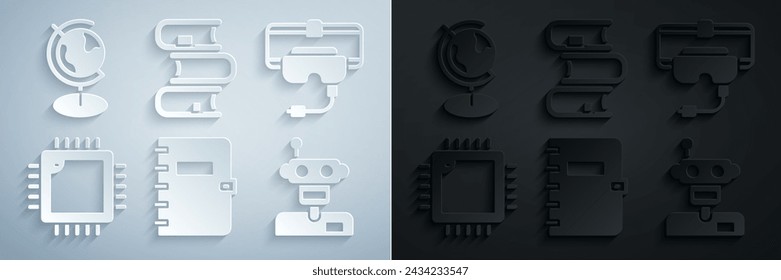 Set Spiral notebook, Virtual reality glasses, Processor with CPU, Robot, Book and Earth globe icon. Vector