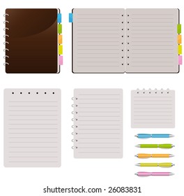 Set Of Spiral Notebooks With Colored Tabs And Lined Pages, With Colorful Pens