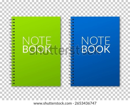 Set of spiral notebooks with green and blue covers on transparent background for school office supplies or stationery design.