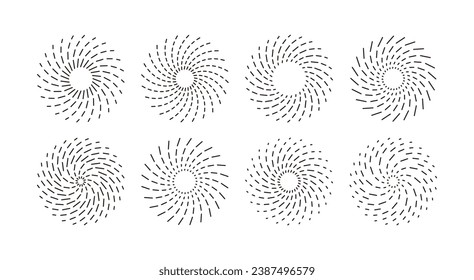 Set of spiral and radial circular design illustrations of simple, modern, geometric and abstract shapes. Business template patterns and background elements.