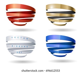 Set of spiral ribbons from different materials. Gold, silk or plastic. Vector templates of logos or banners, icons