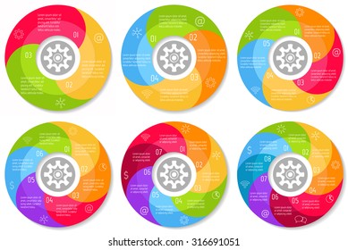 Set of spiral round infographic progress steps banners with 3, 4, 5 ,6, 7, 8 options. Number banner templates for diagram, presentation, chart. Business concept sequence banners. EPS10 vector layouts.