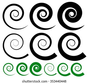 Set of spiral shapes with two type of lines. Thinner and thicker versions.