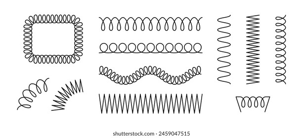 Set of spiral springs. Black metal wire coil collection. Thin spiral frames, zigzag lines, wire waves, flexible coils and arch element pack for graphic design templates, decor. Vector bundle