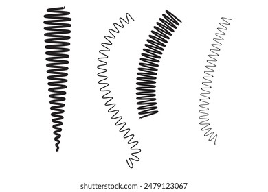  Set of spiral springs. Black metal wire coil collection. Thin spirals, zigzag lines, wire waves, flexible coils element pack for graphic design templates, decor. Vector illustration bundle