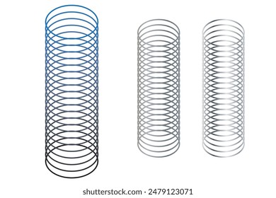  Set of spiral springs. Black metal wire coil collection. Thin spirals, zigzag lines, wire waves, flexible coils element pack for graphic design templates, decor. Vector illustration bundle