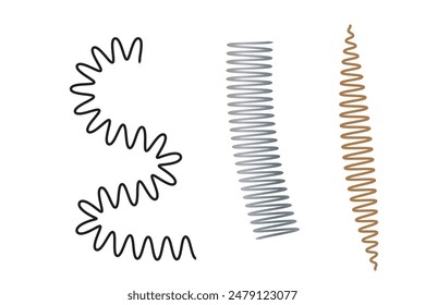  Set of spiral springs. Black metal wire coil collection. Thin spirals, zigzag lines, wire waves, flexible coils element pack for graphic design templates, decor. Vector illustration bundle