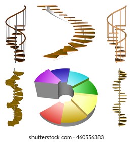 Set of spiral staircases isolated 3d. Vector illustration on a white background.