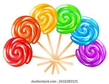 Set of spiral striped colorful lollipops. rainbow color candies on a wooden stick on white background. vector illustration. 