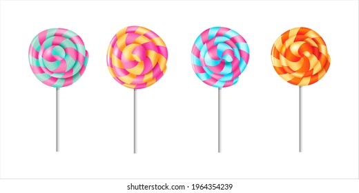 Set of spiral striped sweet lollipops isolated on white background. Vector illustration.