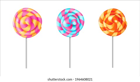 Set of spiral striped sweet lollipops isolated on white background. Vector illustration.