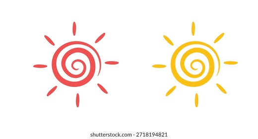 Set of Spiral Sun Vector Icons, Isolated Red and Yellow Hand Drawn Style Sunburst Elements on White Background for Summer, Weather, and Nature Design.