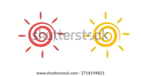 Set of Spiral Sun Vector Icons, Isolated Red and Yellow Hand Drawn Style Sunburst Elements on White Background for Summer, Weather, and Nature Design.