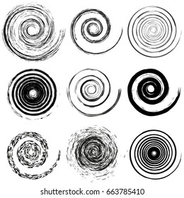 Set of spiral and swirl handdrawn motion elements, black isolated objects. Different brush textures, vector illustrations.