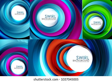 Set of spiral swirl line backgrounds, business or techno digital template for presentation or web, multicolored and blue colors