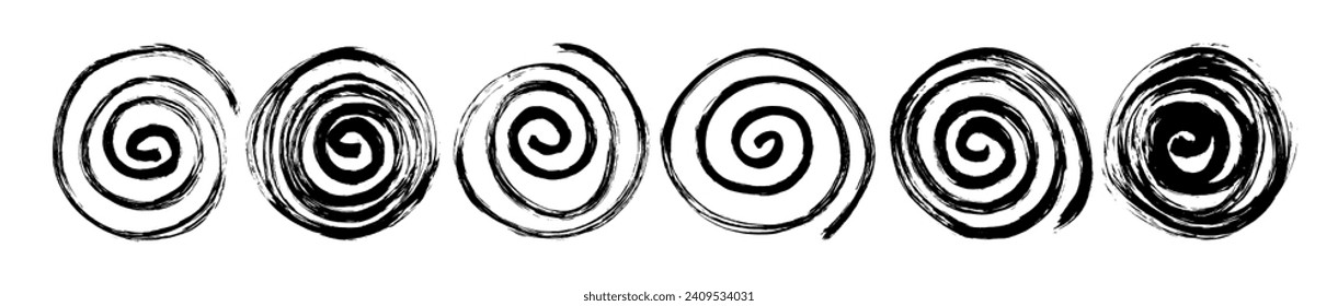 Set of spiral and swirl motion brush drawn elements. Retro style objects with rough edges and dry texture. Radial hypnotic spirals, swirls and circular shapes. Hand drawn doodle vector shapes.