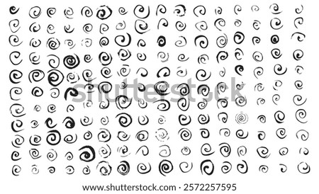 Set of spiral and swirl motion brush drawn elements, black strokes in the form of curls for design, swirls in grunge style, collection of black envy drawn in ink, casual style, radial hypnotic spirals