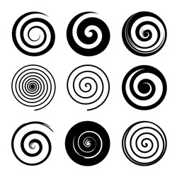 Set Of Spiral And Swirl Motion Elements, Black Isolated Objects. Different Brush Textures, Vector Illustrations.