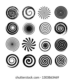 Set of spiral and swirl motion elements. Black isolated objects, icons. Different brush textures, vector illustrations.