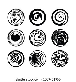 Set of spiral and swirl motion elements. Black isolated abstract objects, icons. Different brush textures, vector illustrations.