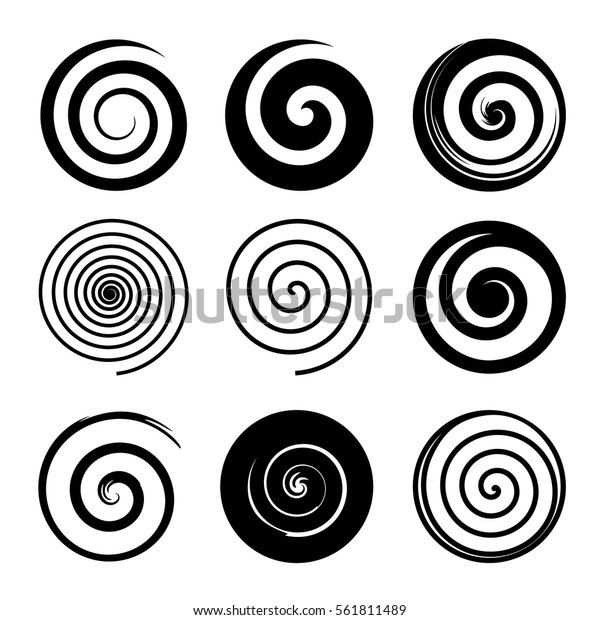Set of\
spiral and swirl motion elements, black isolated objects. Different\
brush textures, vector\
illustrations.