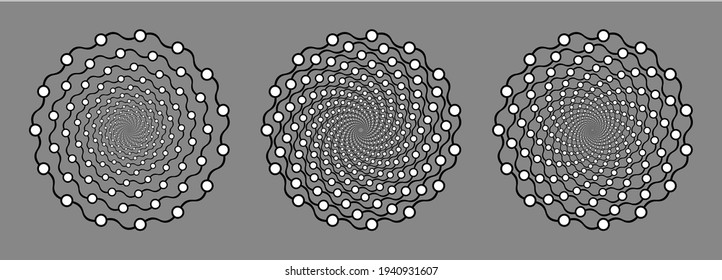 Set of spiral vector patterns circles, curves, dots on a white background. Isolated sample. Black and white, monochrome.