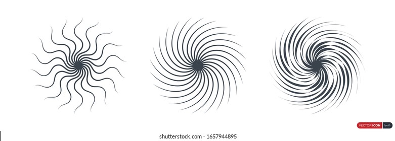 Set of Spiral Wavy Curvy Circular Lines Sunburst. Vintage Artistic Twisted Rays of Sun. Flat Vector Design Elements.