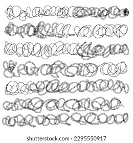 Set of spiral wavy doodles. Continuous line in swirls and bends. Vector graphic elements isolated on white background.