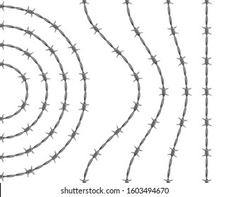 Set of spiraling barbed wires. Curved, wavy, arcing, straight repeatable barbwire segments. Vector realistic illustration isolated on white background.