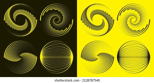 Set of spirals, Design elements, dotted abstract patterns. Spiral swirl, twist dots, halftone vortex. Vector templates of circular radial rotation lines. Isolated on Black background. CMYK colors.