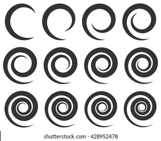 Set of spirals with different number of turns. Vector illustration. Logo template - symbol of cyclicity, repeatability, renewability. Black contours isolated on white background.