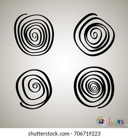 A set of spirals drawn by hand. Black object on a white background.