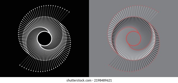 Set with spirals with lines as dynamic abstract vector background or logo or icon. Yin and Yang symbol. Hypnotic illustration on black background.