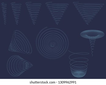 Set with spirals of various shapes. Wireframe spirals on a dark blue background. 3D. Vector illustration.