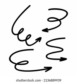 A set of spiral-shaped linear arrows, hand-drawn pointers on a white background.Vector illustration
