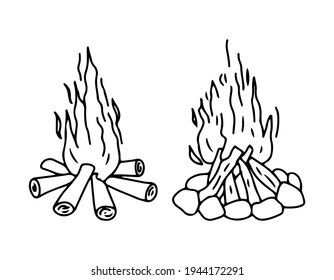 A set of spirit types of campfires. Camping.  Drawn contour in doodle style. Vector illustration