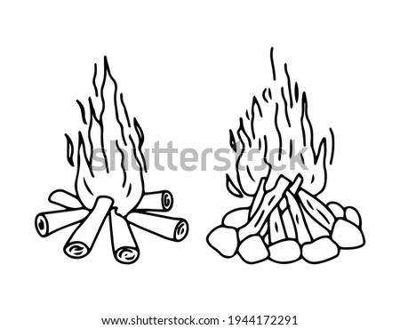 A set of spirit types of campfires. Camping.  Drawn contour in doodle style. Vector illustration