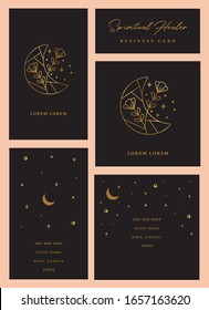 Set of Spiritual and Healer Business Cards in Vector featuring Moon and Flowers.