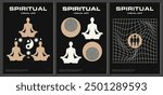 Set spiritual visual art with meditation, yoga, mental health focus. Features Yin-Yang, cosmic symbols. Zen-inspired, minimalist design. Ideal for spiritual decor and modern interiors.