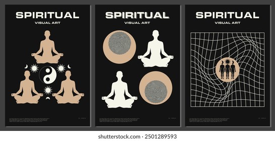 Set spiritual visual art with meditation, yoga, mental health focus. Features Yin-Yang, cosmic symbols. Zen-inspired, minimalist design. Ideal for spiritual decor and modern interiors.