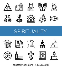 Set of spirituality icons such as Freemasonry, Pastafarianism, Bible, Shiva, Pastor, Prayer, Om, Gothic, Christianity, Eye of ra, Monastery, Candle, Orthodox cross , spirituality