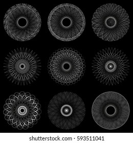 Set of Spirograph for certificates. Nine monochrome napkins for registration and protection