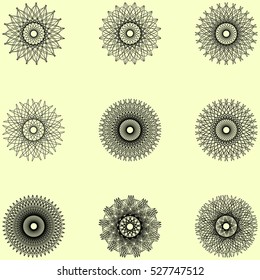 Set of Spirograph. Nine circular geometric patterns of lines.